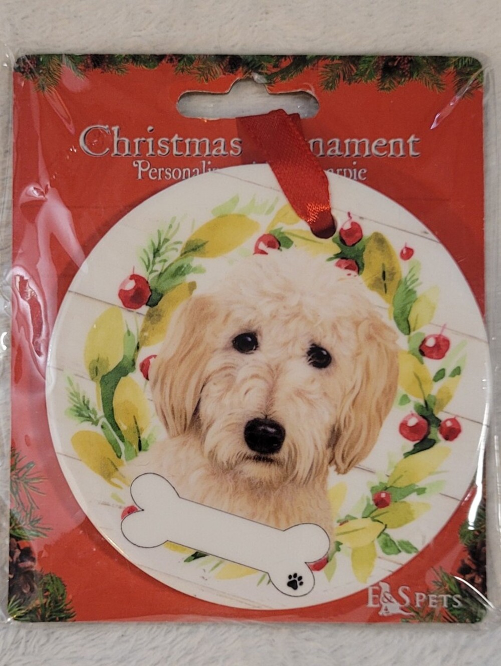 Kohl's Cream and Red Goldendoodle Wreath Ornament